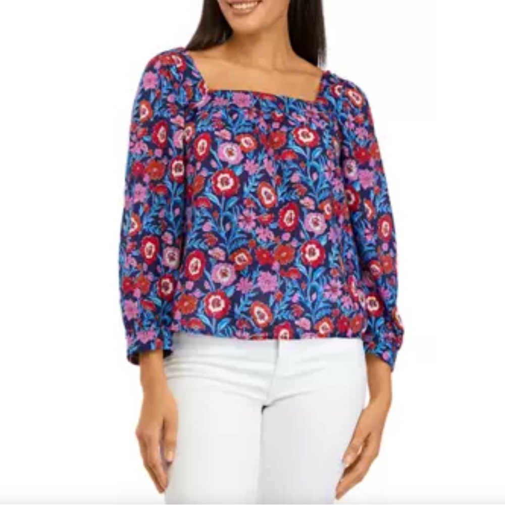 Vineyard Vines Tisbury Floral Square Neck Blouse - Blue and Red